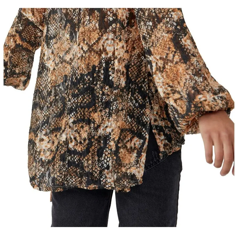 Free People Out For The Night Long Sleeve Blouse Shirt Size Small Snakeskin
